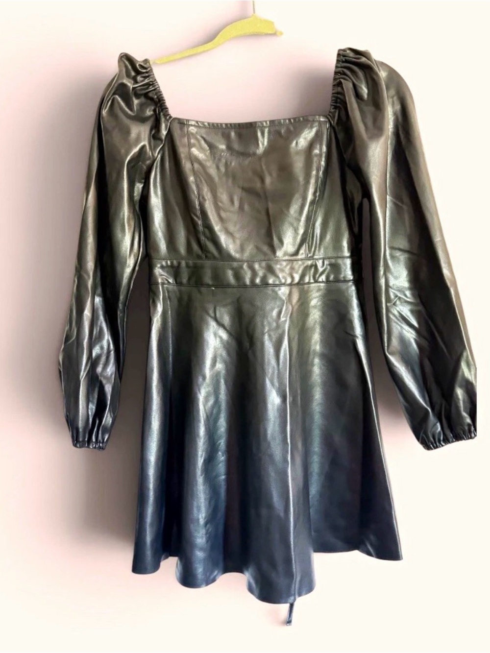 Dem Ditto Black Faux Leather Puff-Sleeve Fit & Flare Mini Dress Size Medium